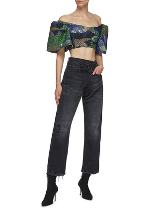 Figure View - Click To Enlarge - ANGEL CHEN - 'Universe' mixed embroidery puff sleeve crop top