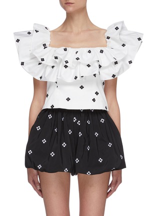 Main View - Click To Enlarge - MING MA - Ruffle floral embroidered tube top