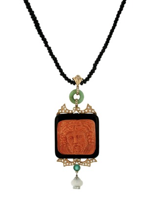 Main View - Click To Enlarge - LANE CRAWFORD VINTAGE JEWELLERY - Diamond hand carved Mediterranean coral jade 14k yellow gold necklace