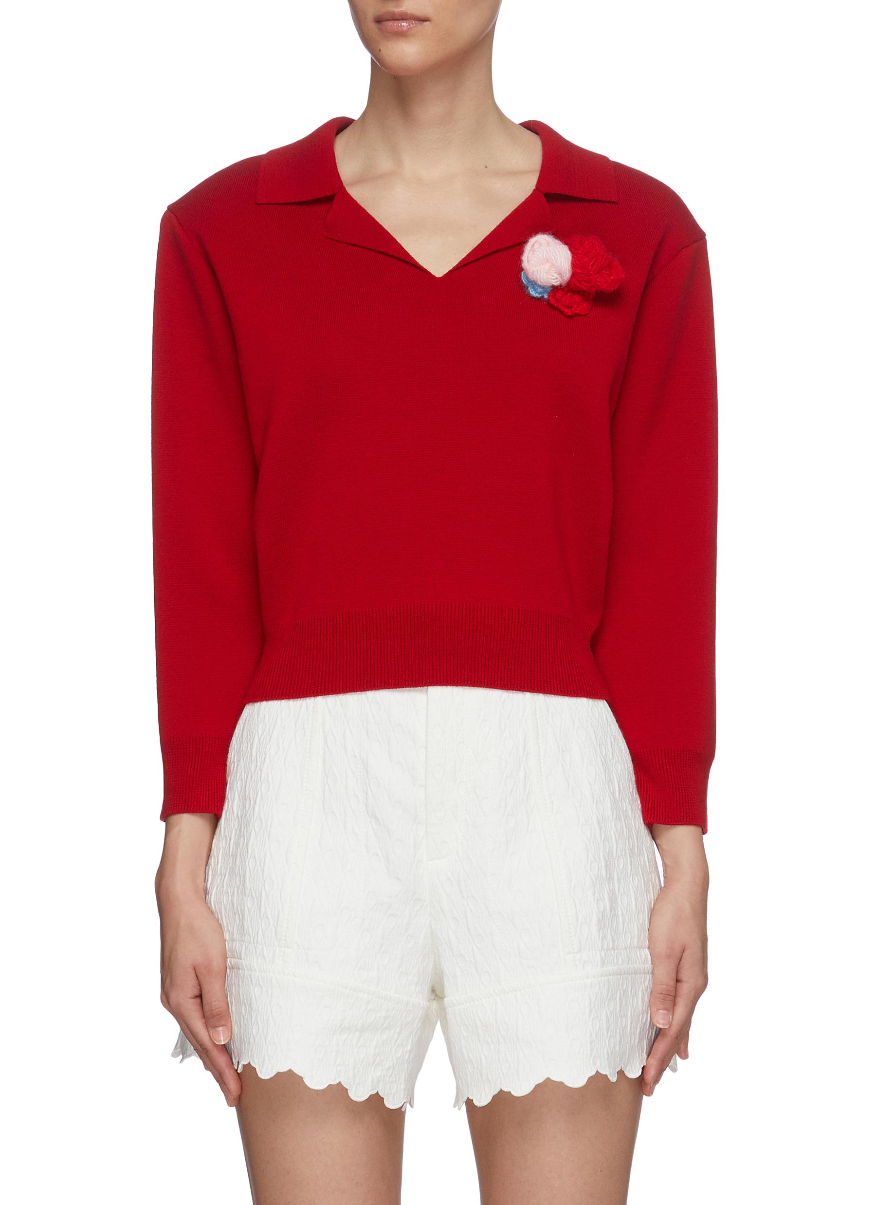 Shushu-tong Floral Pompom Knit Polo Shirt In Red