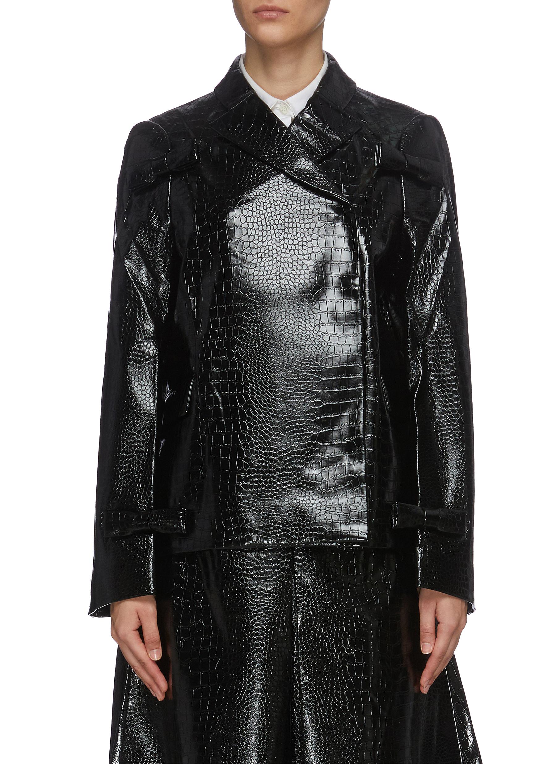 Shushu-tong Bow Accent Croc-embossed Faux Leather Jacket In Black