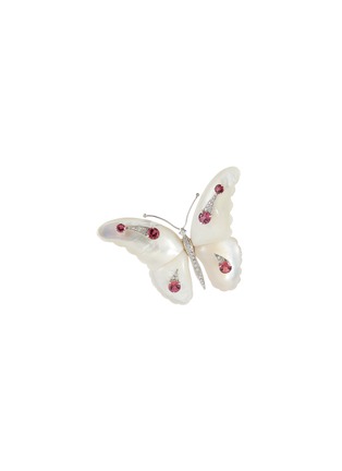 Main View - Click To Enlarge - LANE CRAWFORD VINTAGE JEWELLERY - Diamond mother of pearl tourmaline 18k white gold butterfly brooch
