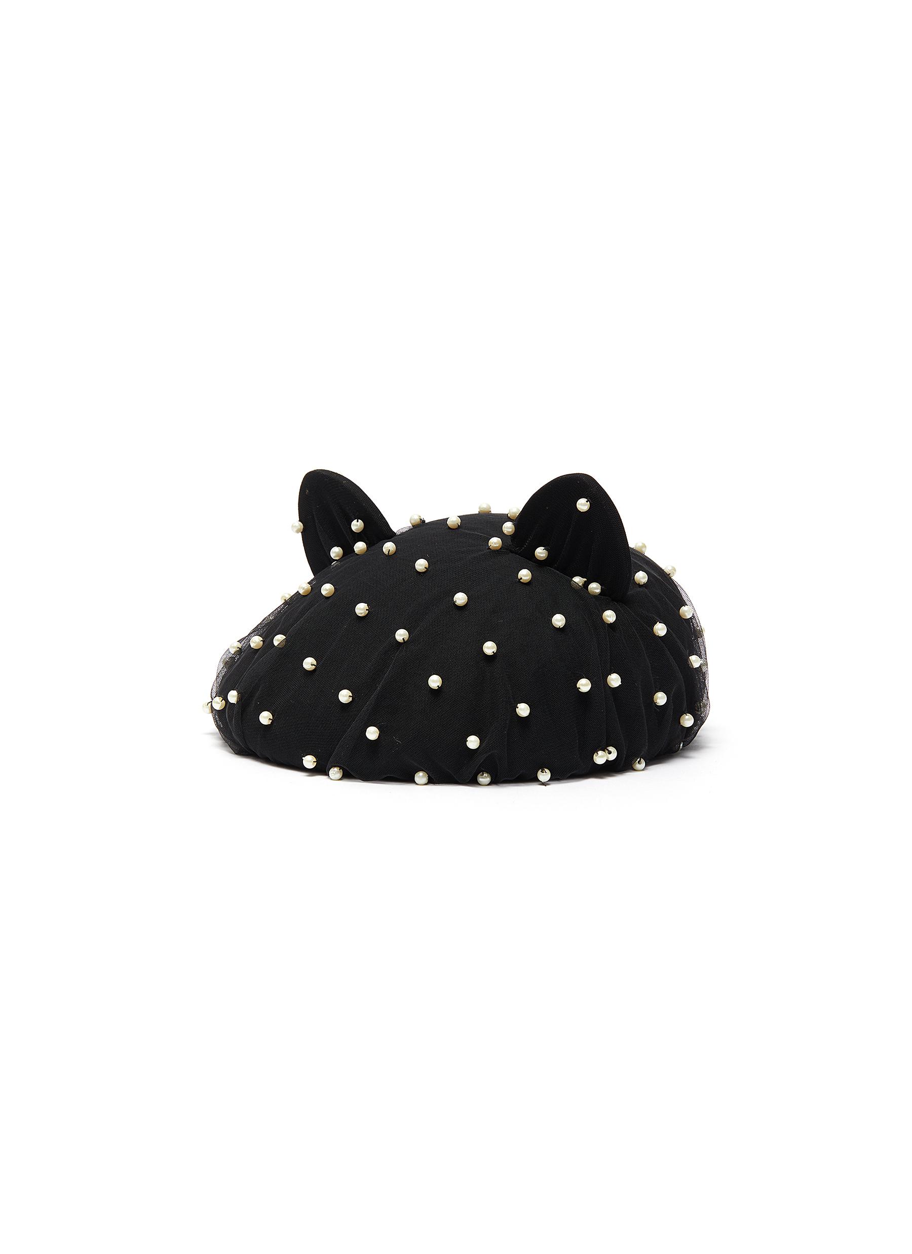 Eugenia Kim 'caterina' Cat Ear Detail Pearl Embellished Tulle Overlay Beret In Black