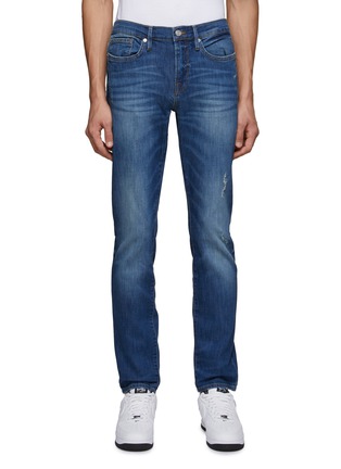 Main View - Click To Enlarge - FRAME - ‘L'HOMME’ SKINNY DARK WASH WHISKERING RIPPED POCKET JEANS