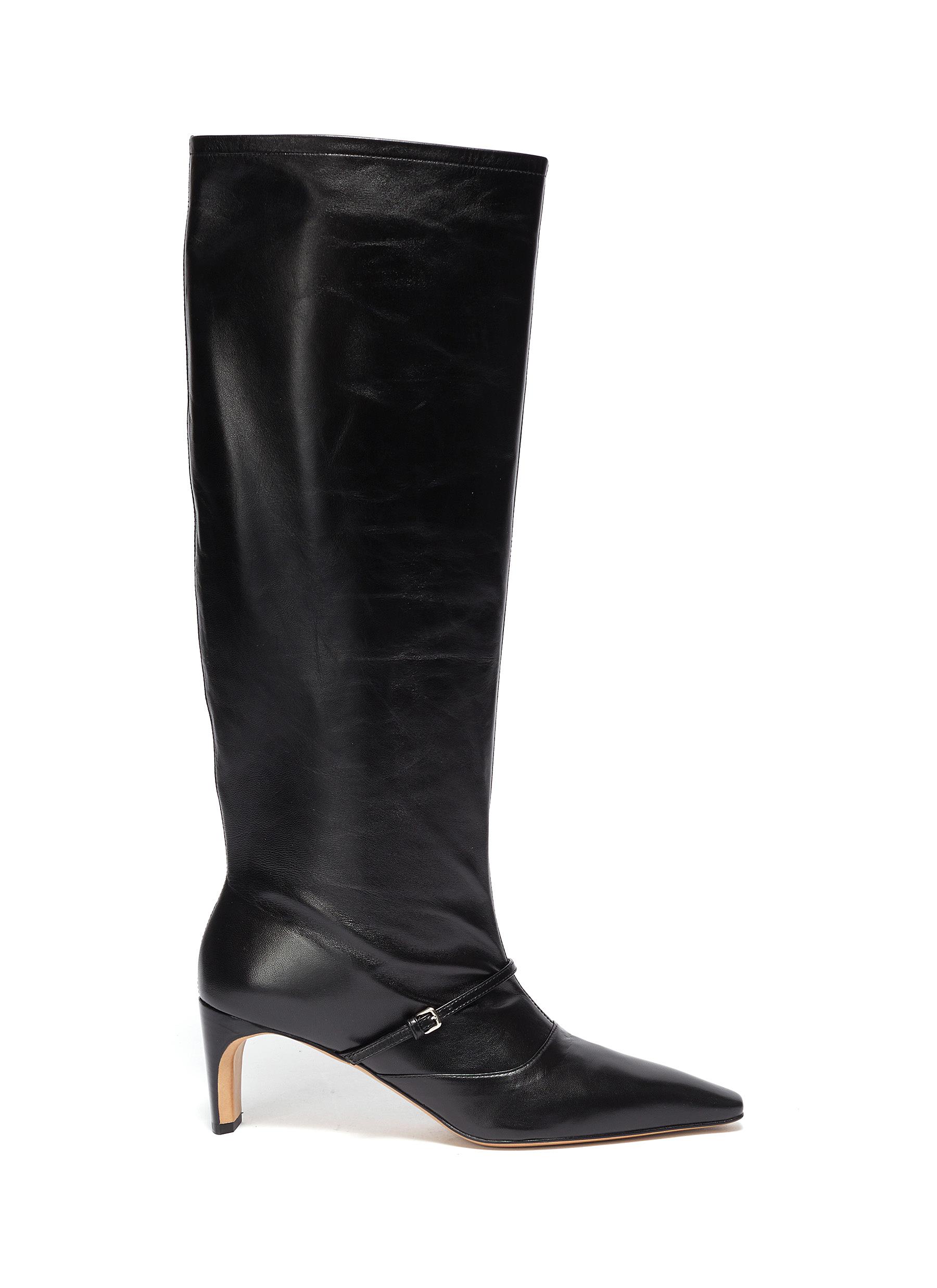 black leather knee high boots flat heel