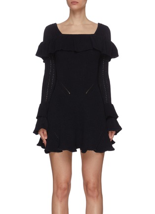 Main View - Click To Enlarge - SELF-PORTRAIT - Frill Detail Square Neckline Rib Knit Cable Dress
