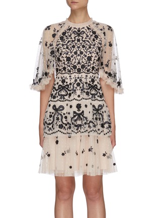 Main View - Click To Enlarge - NEEDLE & THREAD - 'BONNIE BOW' Floral Embroidered Cape Sleeve Tier Mini Dress