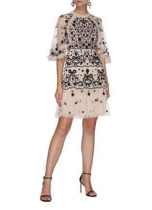 Figure View - Click To Enlarge - NEEDLE & THREAD - 'BONNIE BOW' Floral Embroidered Cape Sleeve Tier Mini Dress
