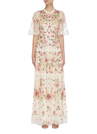 Main View - Click To Enlarge - NEEDLE & THREAD - 'TRELLIS ROSE' Floral Embroidered Cape Sleeve Gown