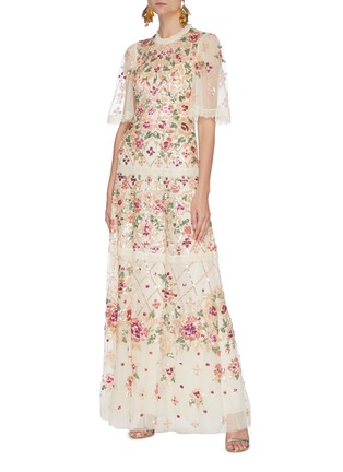 Figure View - Click To Enlarge - NEEDLE & THREAD - 'TRELLIS ROSE' Floral Embroidered Cape Sleeve Gown