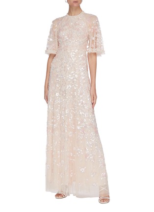 Figure View - Click To Enlarge - NEEDLE & THREAD - Sequin Embellished Cape Sleeve Gown
