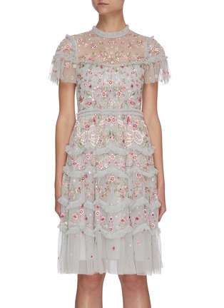 Main View - Click To Enlarge - NEEDLE & THREAD - 'ELSIE RIBBON' Floral Embroidered Ruffle Tier Mini Dress
