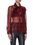 Front View - Click To Enlarge - SAINT LAURENT - Neck tie check sheer silk blouse