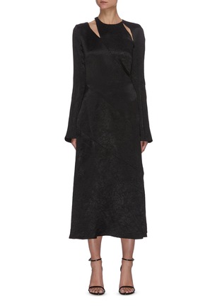 Main View - Click To Enlarge - 16ARLINGTON - 'URSINIA' Cut Out Shoulder Asymmetric Tier Crinkle Satin Midi Dress