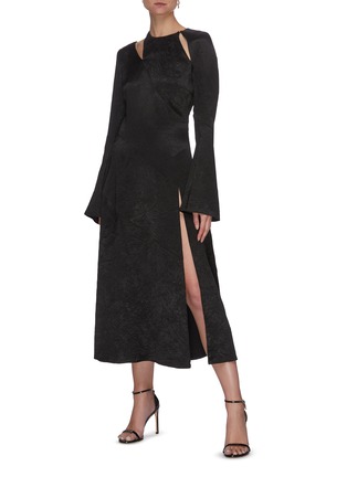 Figure View - Click To Enlarge - 16ARLINGTON - 'URSINIA' Cut Out Shoulder Asymmetric Tier Crinkle Satin Midi Dress