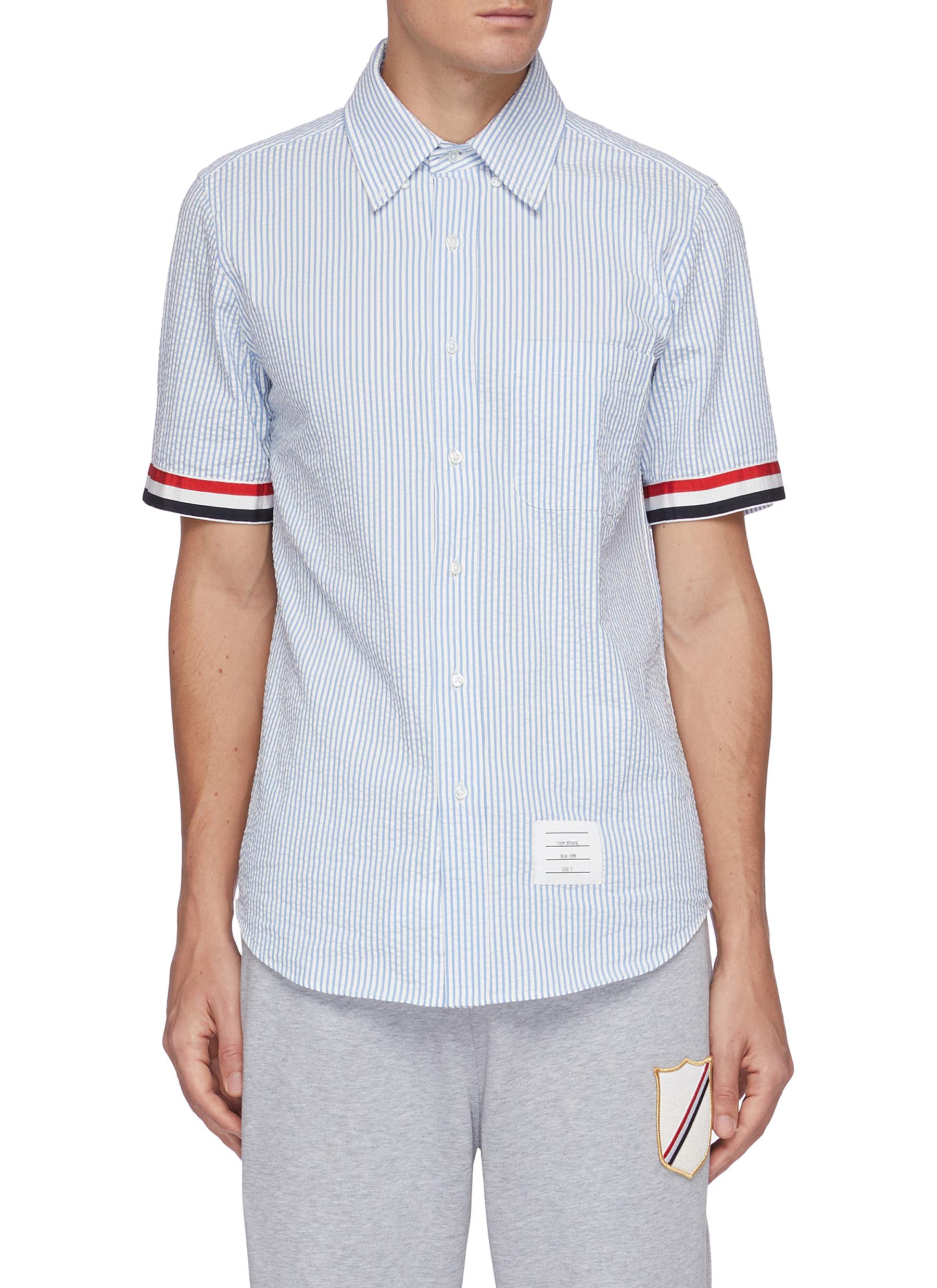 Thom Browne Straight Fit Short Sleeve Button-down Seersucker Shirt