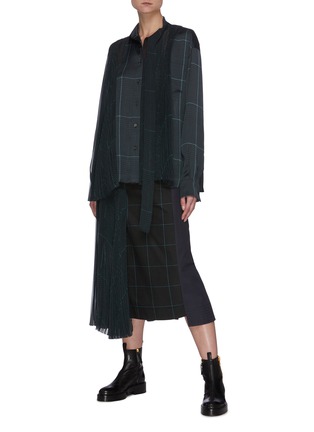 Figure View - Click To Enlarge - SACAI - Pleated Sheer Contrast Panel Glen Check Blouse