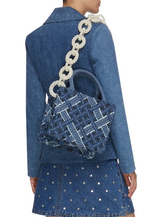 Front View - Click To Enlarge - LAURENCE & CHICO - Pearl Chain Lace Denim Trim Small Tote