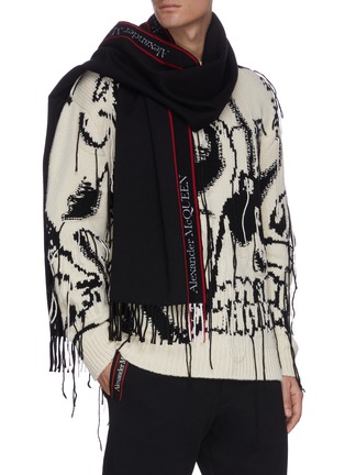 Figure View - Click To Enlarge - ALEXANDER MCQUEEN - 'Selvedge' Logo Tape Fringe Edge Wool Scarf
