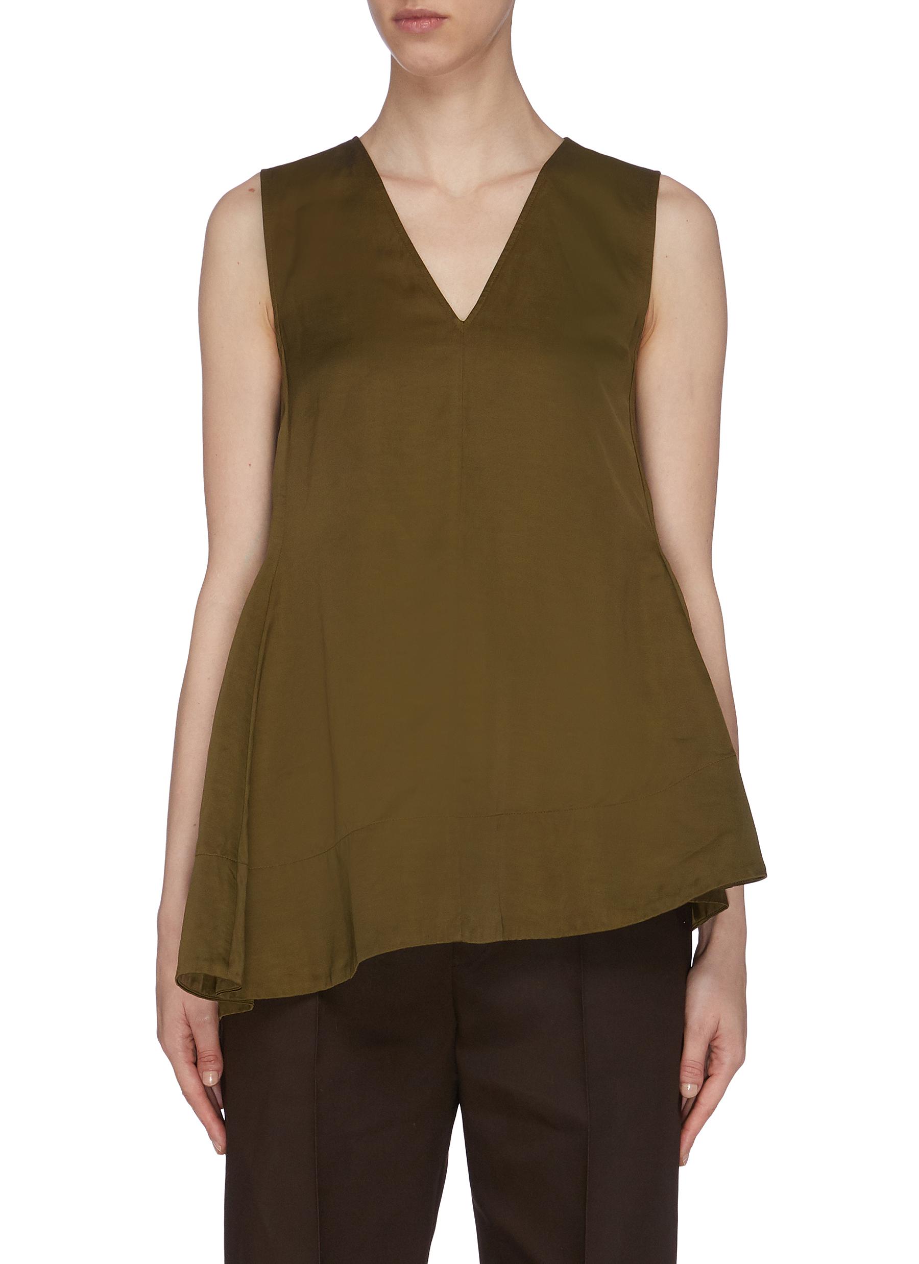 JIL SANDER ASYMMETRIC DRAPE HEM V NECK SLEEVELESS TOP