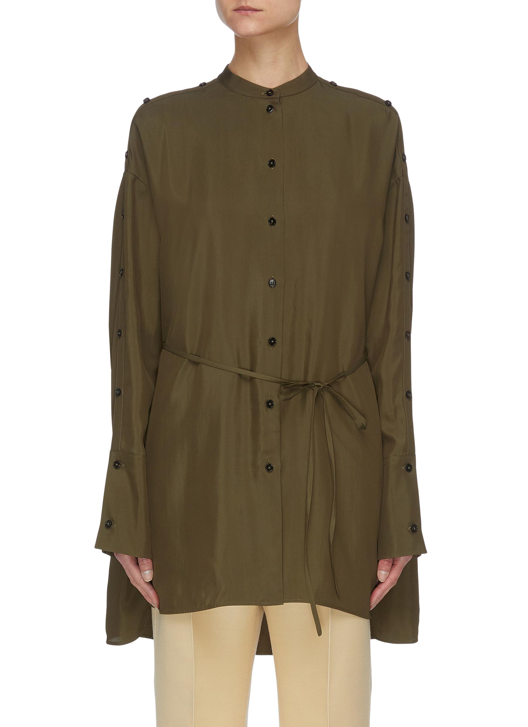 Jil Sander Belted Stand Collar Button Sleeve Blouse In Green
