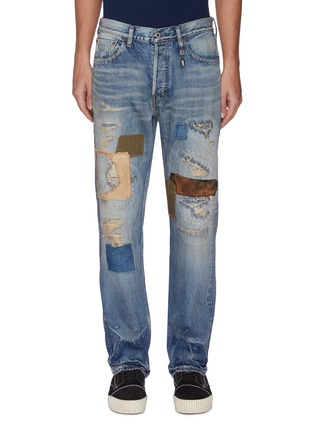 Main View - Click To Enlarge - FDMTL - Distressed Patchwork Whiskered Denim Jeans
