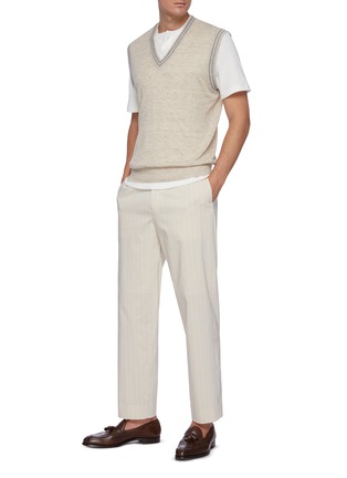 Figure View - Click To Enlarge - BRUNELLO CUCINELLI - Double Stripe Trim V-neck Linen Cotton Blend Knit Vest
