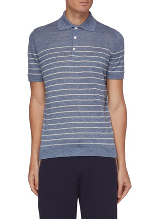 Main View - Click To Enlarge - BRUNELLO CUCINELLI - Stripe linen cotton blend polo shirt