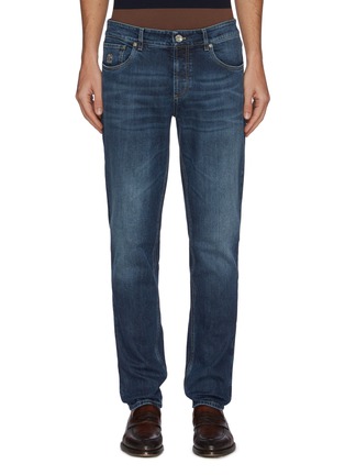 Main View - Click To Enlarge - BRUNELLO CUCINELLI - Logo Embroidered Pocket Slim Fit Denim Jeans