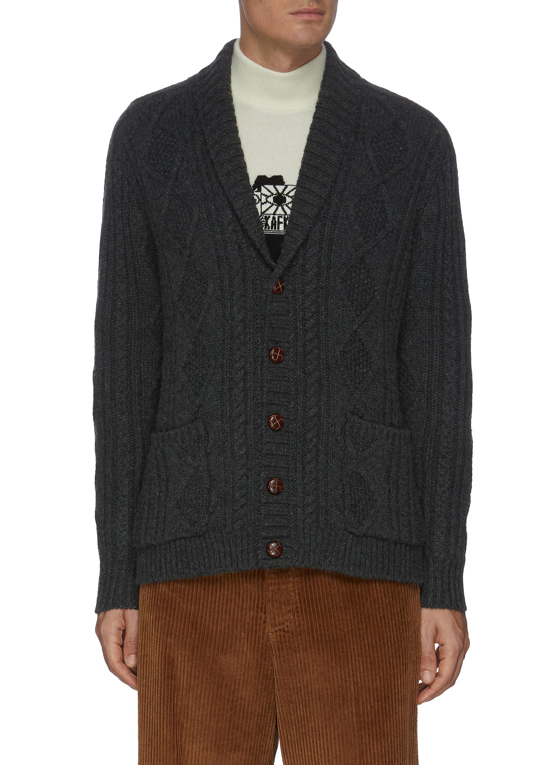 shawl collar cable knit sweater