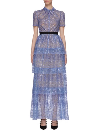 Main View - Click To Enlarge - SELF-PORTRAIT - Sequin Embellished Floral Lace Tier Maxi Dress