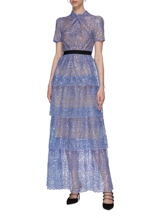 Figure View - Click To Enlarge - SELF-PORTRAIT - Sequin Embellished Floral Lace Tier Maxi Dress
