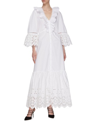 Figure View - Click To Enlarge - SELF-PORTRAIT - Ruffle Floral Trim Cotton Maxi Dress