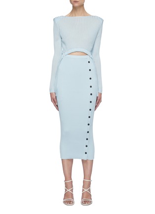 Main View - Click To Enlarge - SELF-PORTRAIT - Cut out waist buttoned side slit rib-knit midi dress
