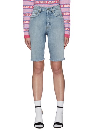 Main View - Click To Enlarge - MIU MIU - Fringe Hem Stone Wash Mid Thigh Denim Shorts