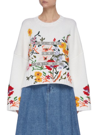 Main View - Click To Enlarge - JW ANDERSON - Oscar Wilde Quote Floral Motif Crop Merino Wool Sweater