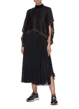 Figure View - Click To Enlarge - SACAI - Chain embellished satin poncho pleat sheer skirt dress
