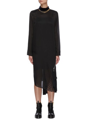 Main View - Click To Enlarge - SACAI - Necklace detail pleat sheer back asymmetric dress