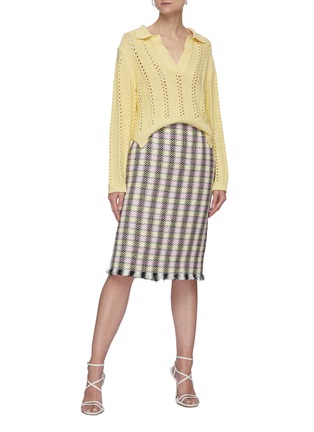 Figure View - Click To Enlarge - OSCAR DE LA RENTA - Checker Print Fray Hem Tweed Pencil Skirt