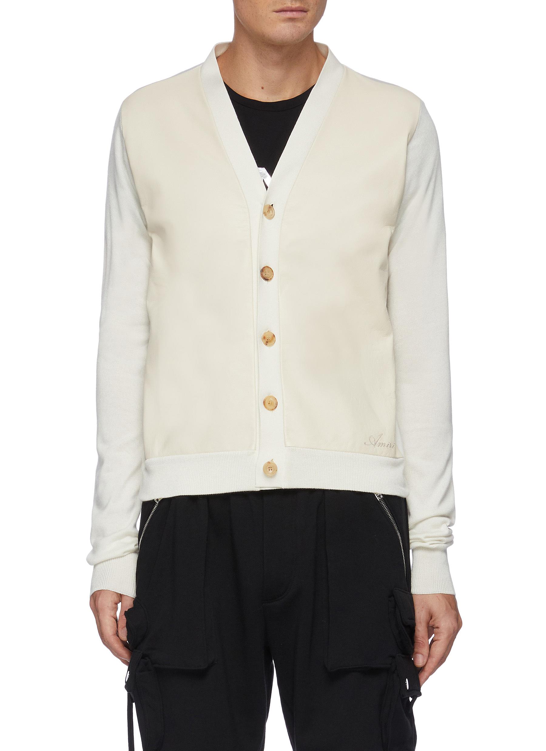 Amiri Front Leather Panel Silk-cashmere Cardigan In White