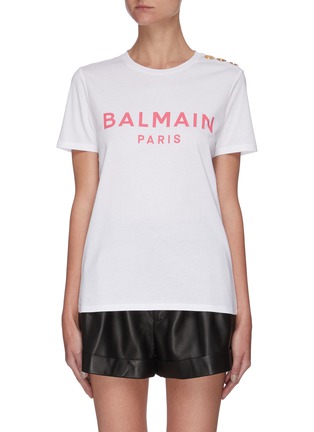 Main View - Click To Enlarge - BALMAIN - Triple Button Shoulder Detail Logo Print T-shirt