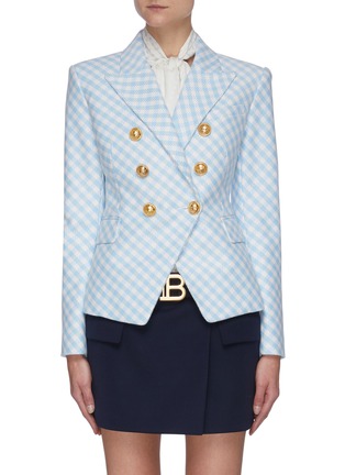Main View - Click To Enlarge - BALMAIN - Gold-tone Button Double Breast Gingham Blazer
