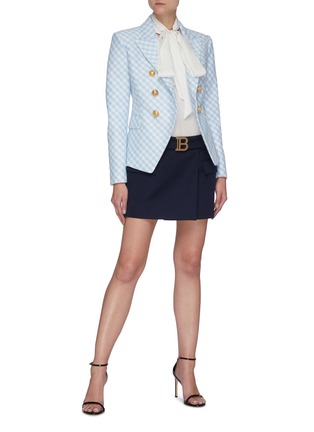 Figure View - Click To Enlarge - BALMAIN - Gold-tone Button Double Breast Gingham Blazer