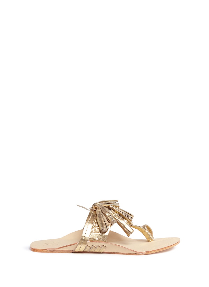 Figue Shoes 'scaramouche' Tassel Braided Metallic Leather Thong Sandals In Metallic