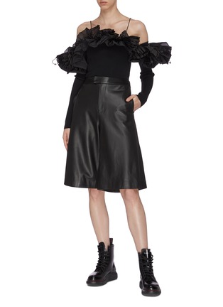 Figure View - Click To Enlarge - ANGEL CHEN - Spaghetti Strap Pleated Ruffle Off-shoulder Top