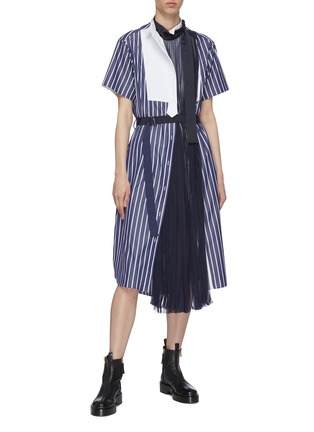 Figure View - Click To Enlarge - SACAI - Sheer Panel Belted Stripe Cotton Poplin Shirt Dress