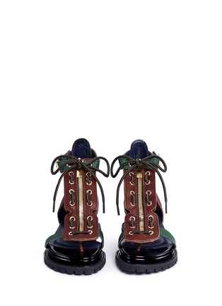 Front View - Click To Enlarge - SACAI - Lace-up cowhide and patent leather wedge sandals