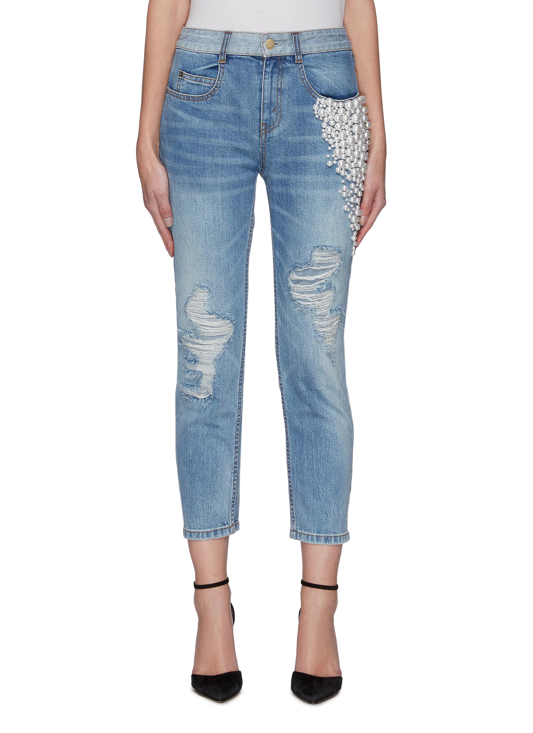 HELLESSY YANG' PEARL EMBELLISHED DISTRESSED JEANS