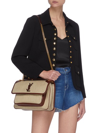Figure View - Click To Enlarge - SAINT LAURENT - Niki' Logo Plaque Leather Trim Raffia Shoulder Bag