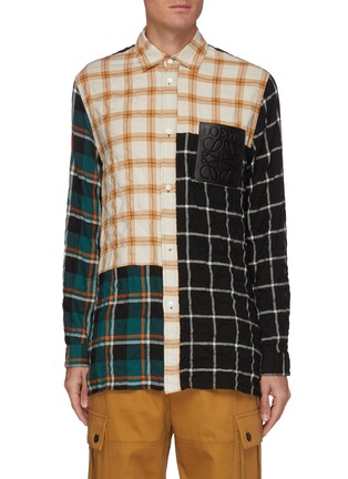 Main View - Click To Enlarge - LOEWE - Multicolour Check Anagram Leather Patch Cotton Modal Blend Shirt